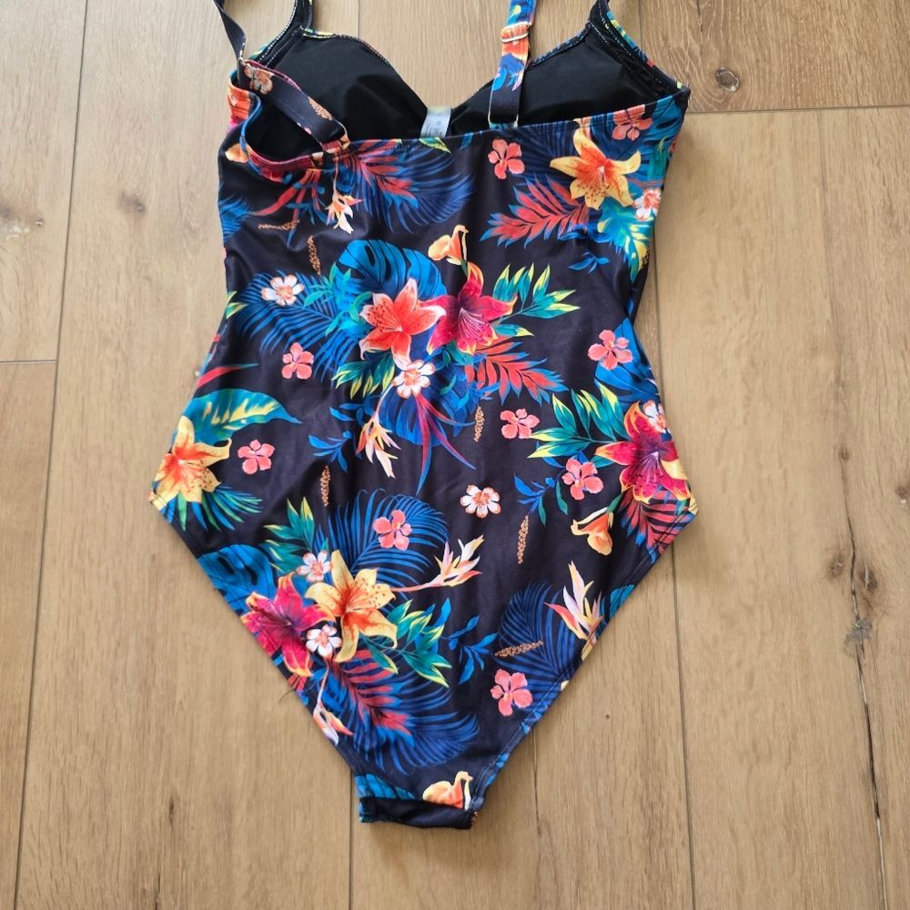 Tempt Me Size M Black Blue Floral Ruched Slimming Suit One Piece Tummy Control - Picture 6 of 7